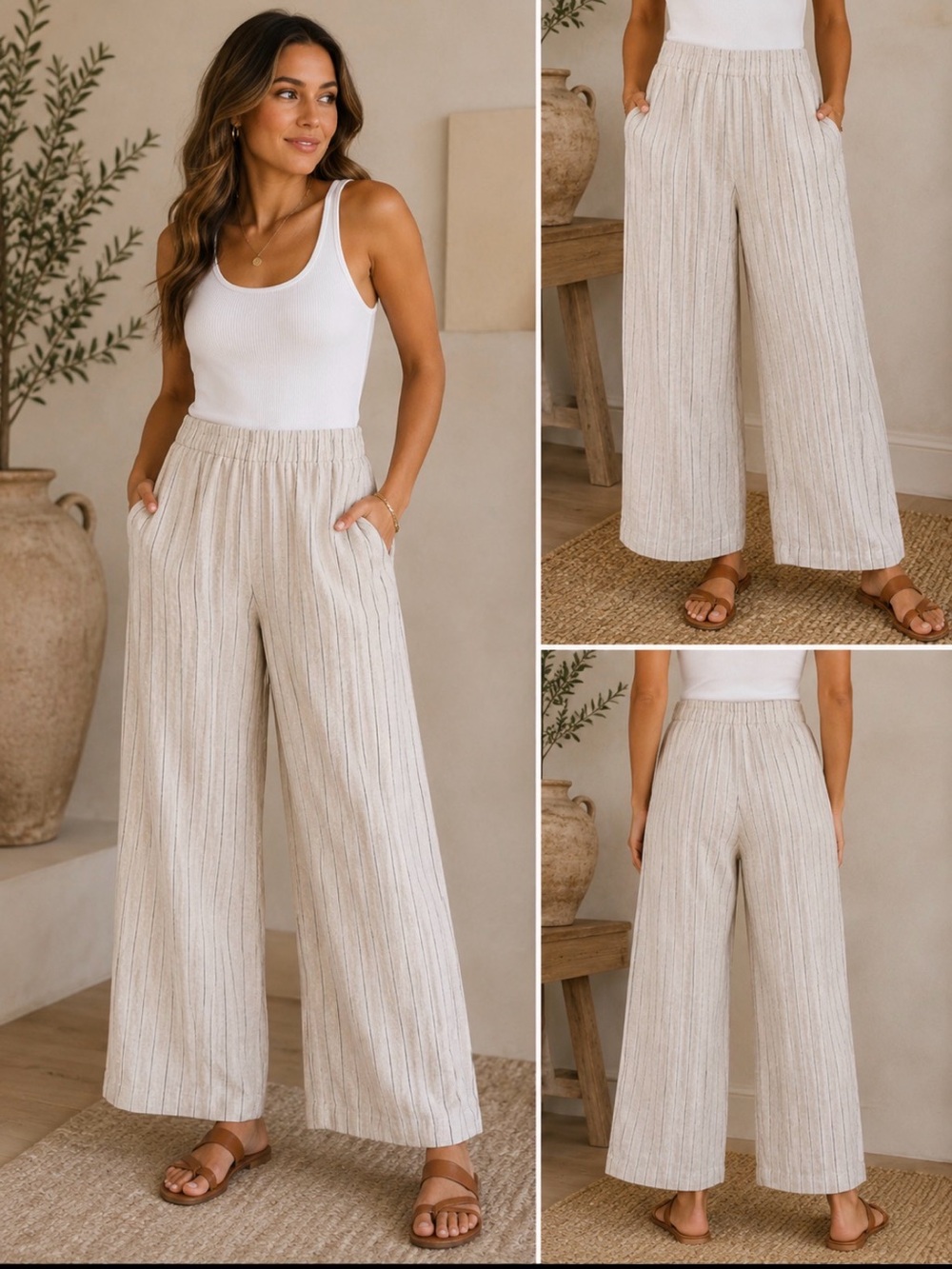 1.STATE Beige Pinstripe Linen Blend Wide Leg Pants Women’s Large